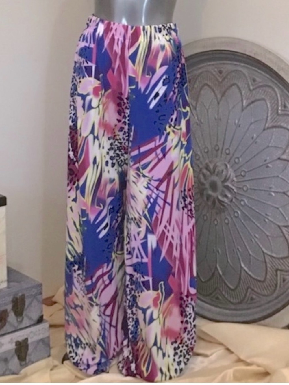Ashro Vibrant Abstract Wide-Leg Pants in Blue, Pink & Purple